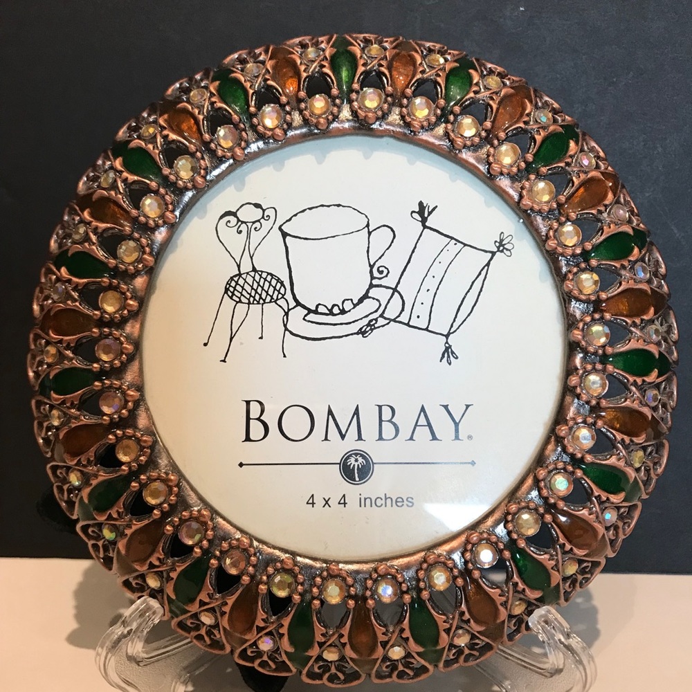Bombay Company Bohemian Ornate Round Metal Swirls Crystals Enameled Photo Frame